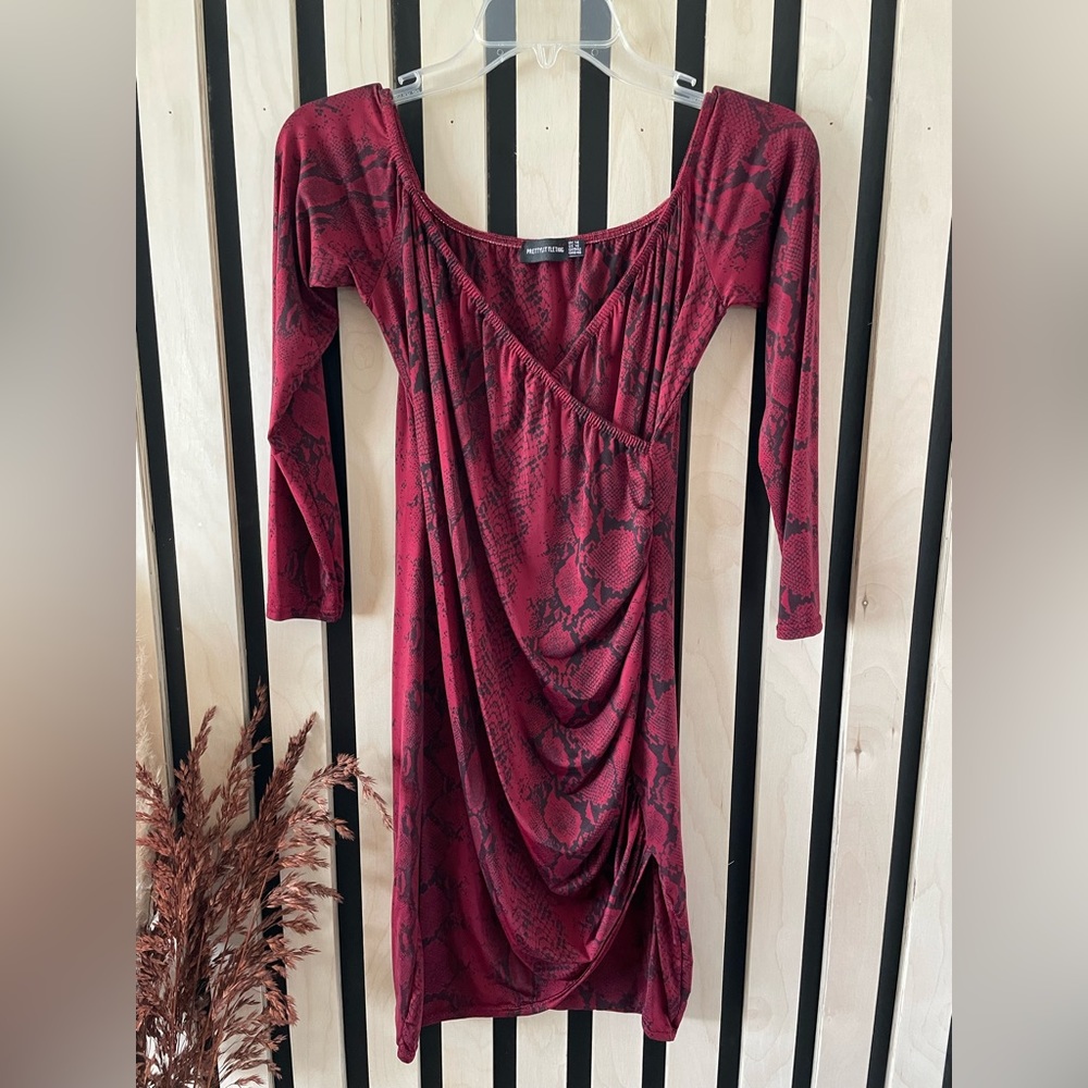 PrettyLittleThing Red Snake Print Ruched Mini Dress, Size 10